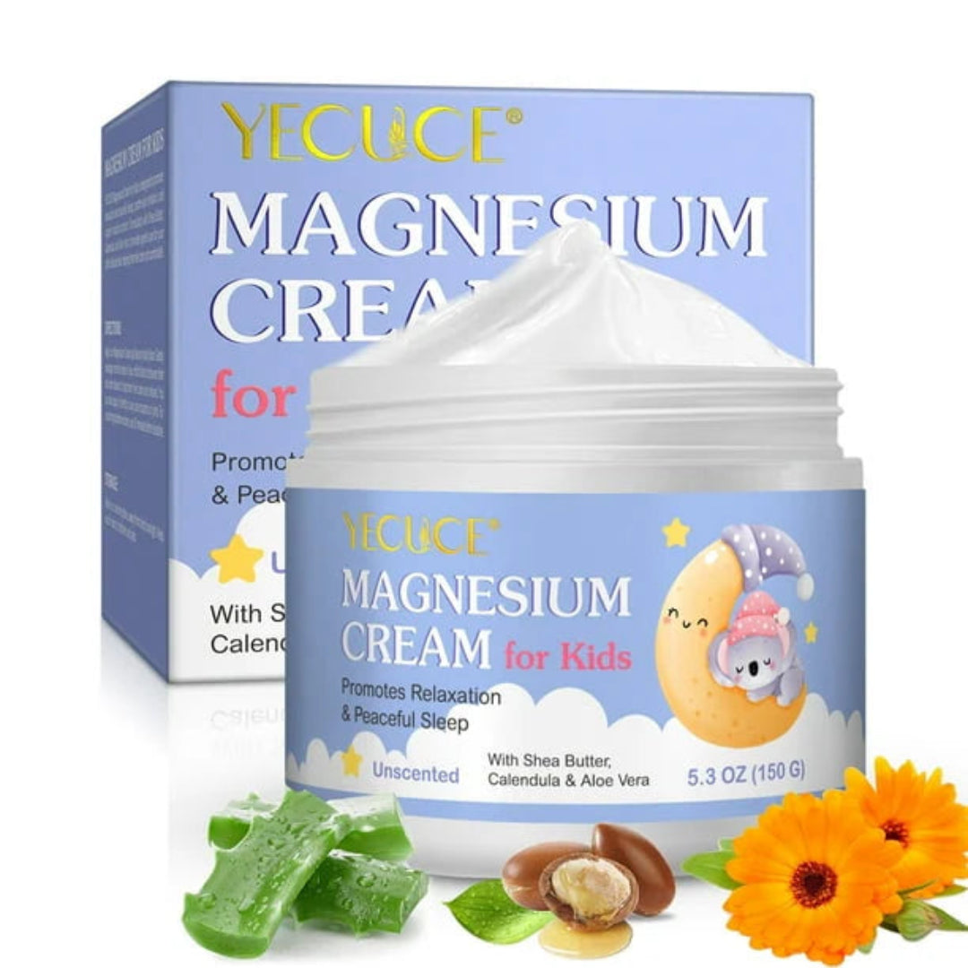 YECUCE magnesium cream for kids with packaging, ingredients, and flowers on a white background