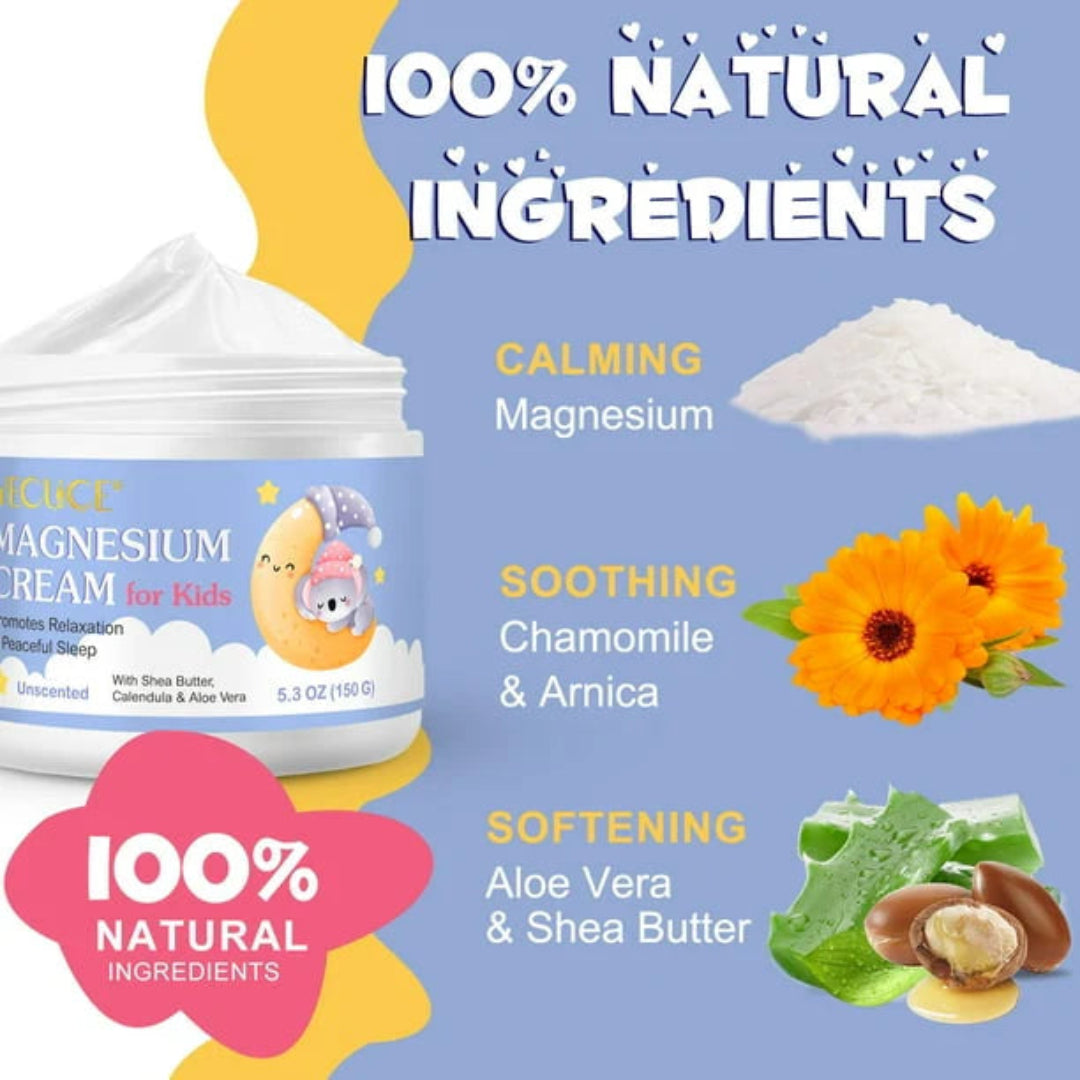 Promotional image of magnesium cream for kids with natural ingredients displayed.