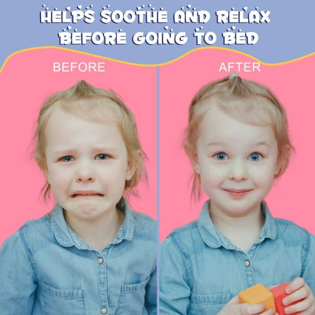 Before and after comparison of a child with text indicating product benefits on a pink background