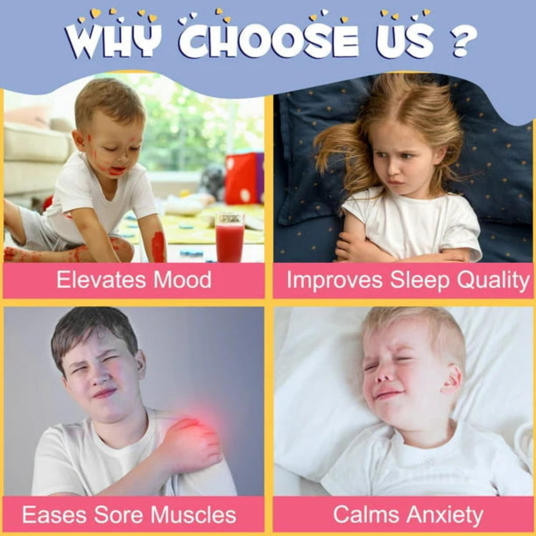 Promotional graphic with children and text highlighting benefits of a product or service.