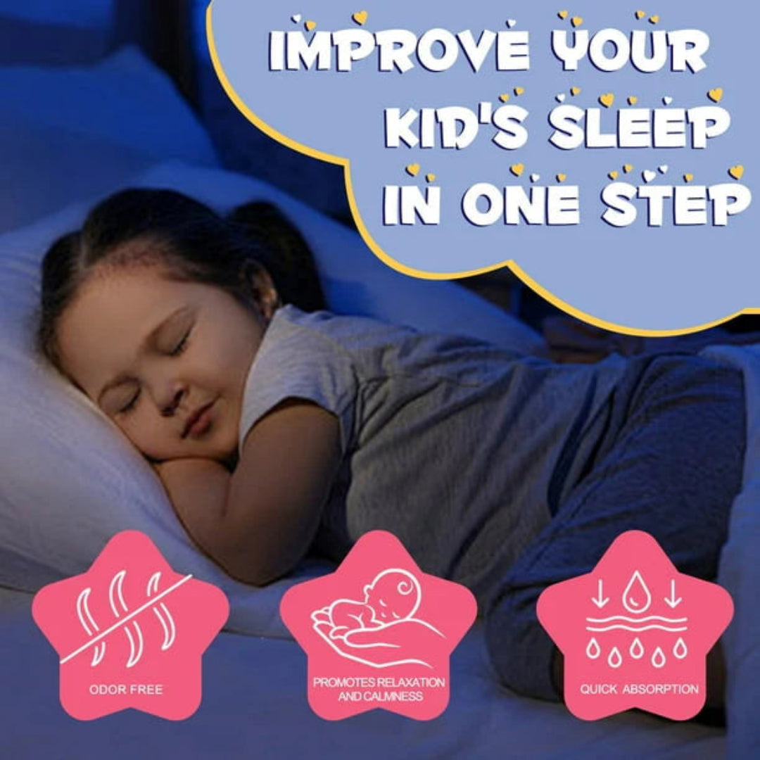 Child sleeping with text 'Improve your kid's sleep in one step' and icons indicating product features.