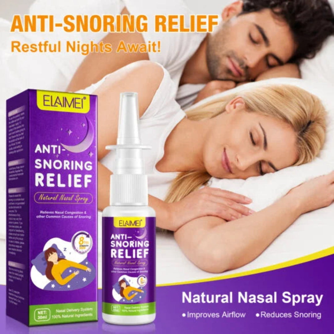 Anti-snoring relief product with a couple sleeping in the background