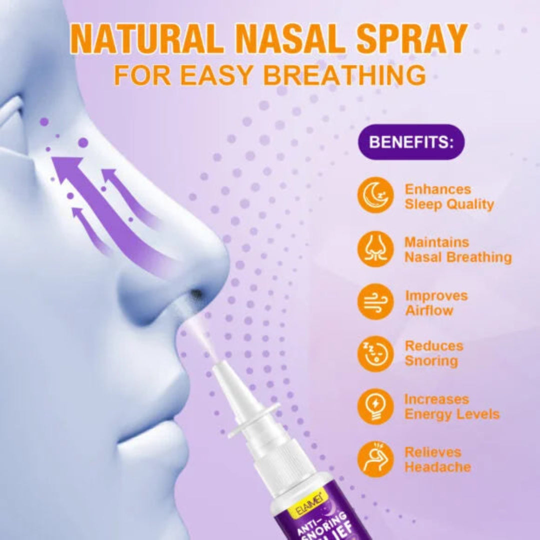 Natural nasal spray for easy breathing with benefits listed on a purple background