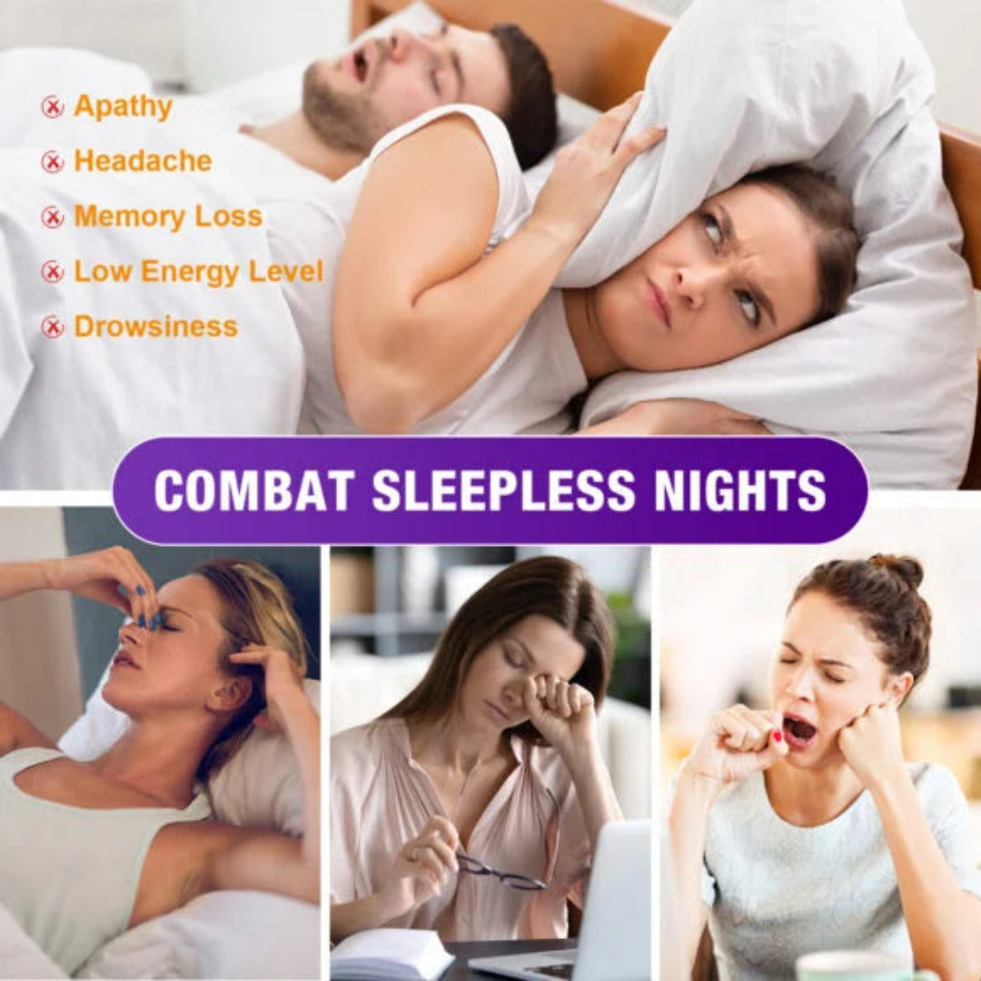 Woman waking up tired with symptoms of sleep deprivation and a solution to combat sleepless nights.