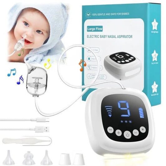 Electric baby nasal aspirator with packaging, attachments, and a baby using it.