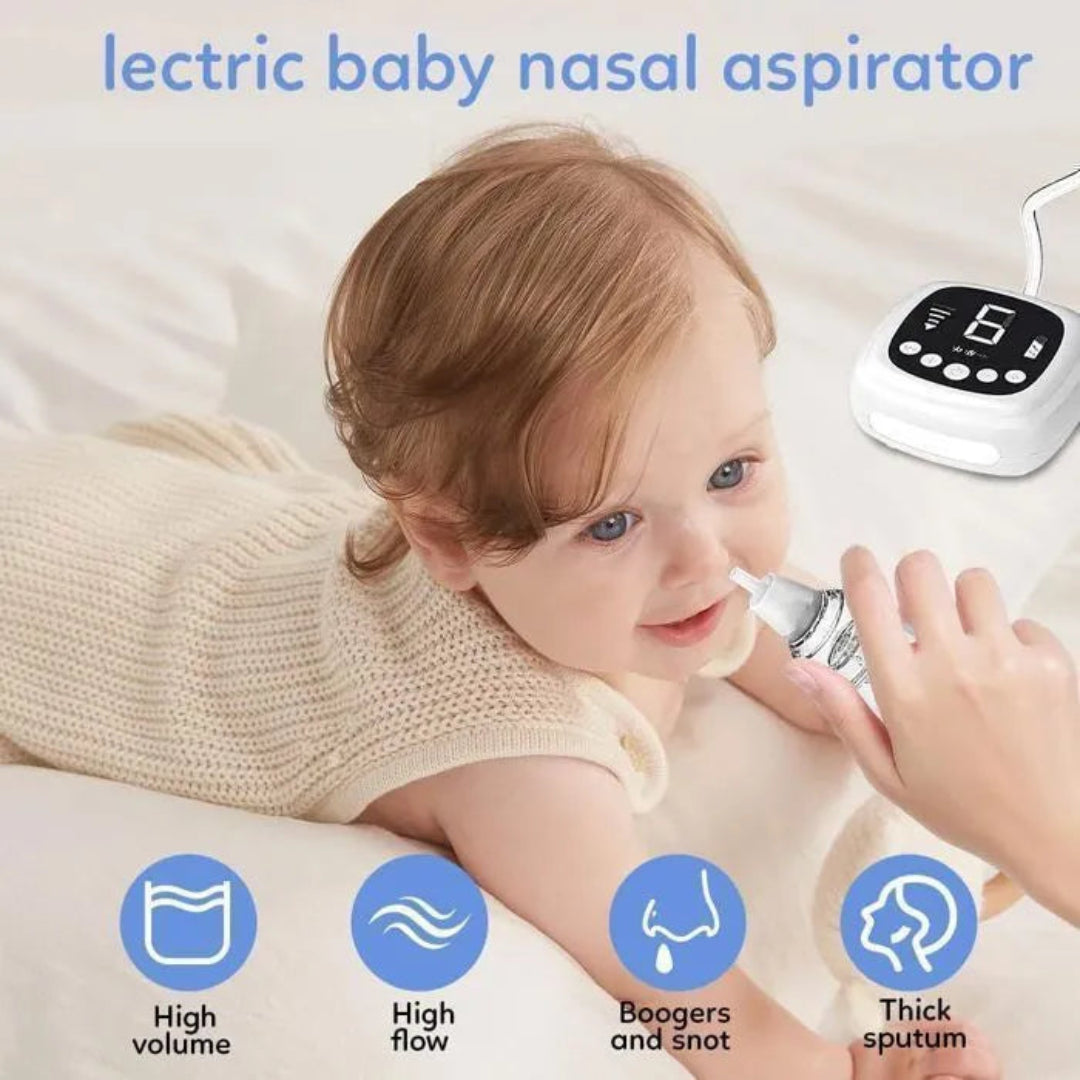 Child using an electric baby nasal aspirator with product features displayed.
