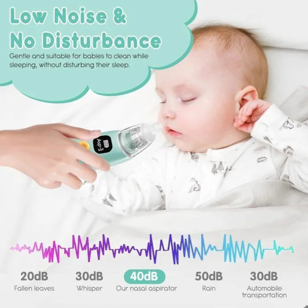 Baby sleeping with a nasal aspirator and text about low noise levels