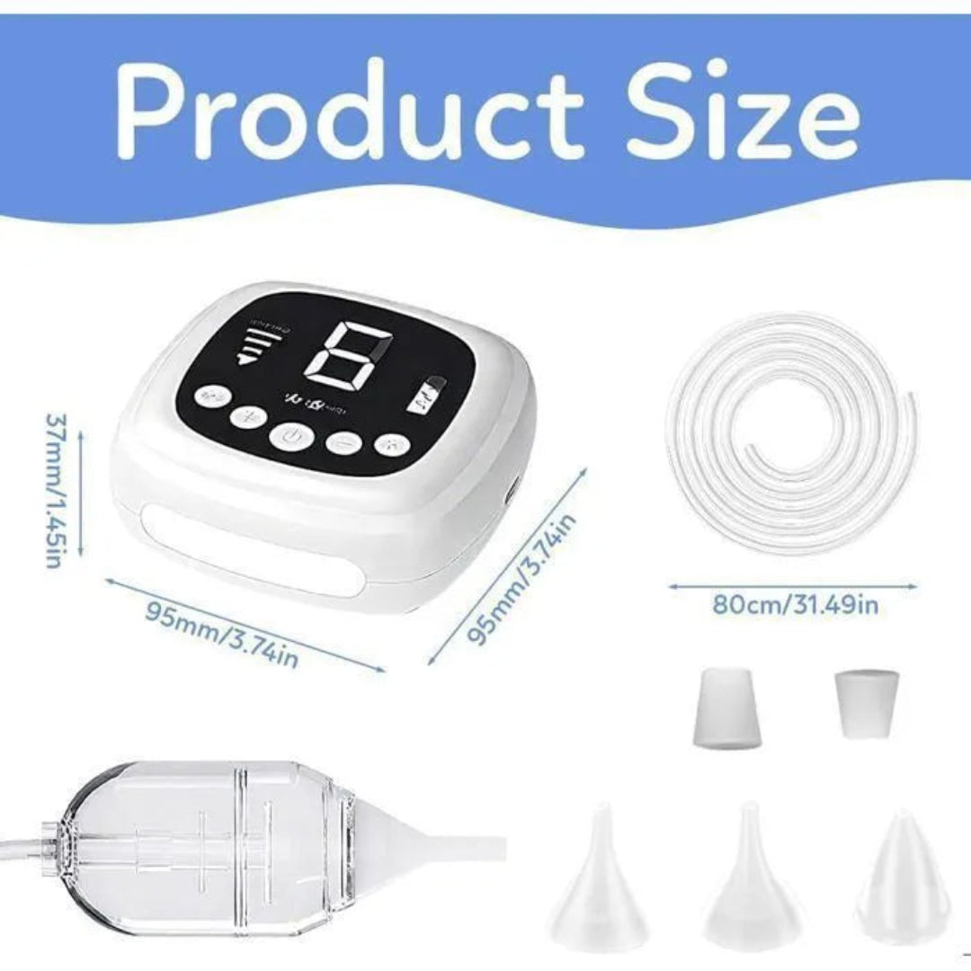 Measurement chart showing product dimensions with a white electronic device and accessories.
