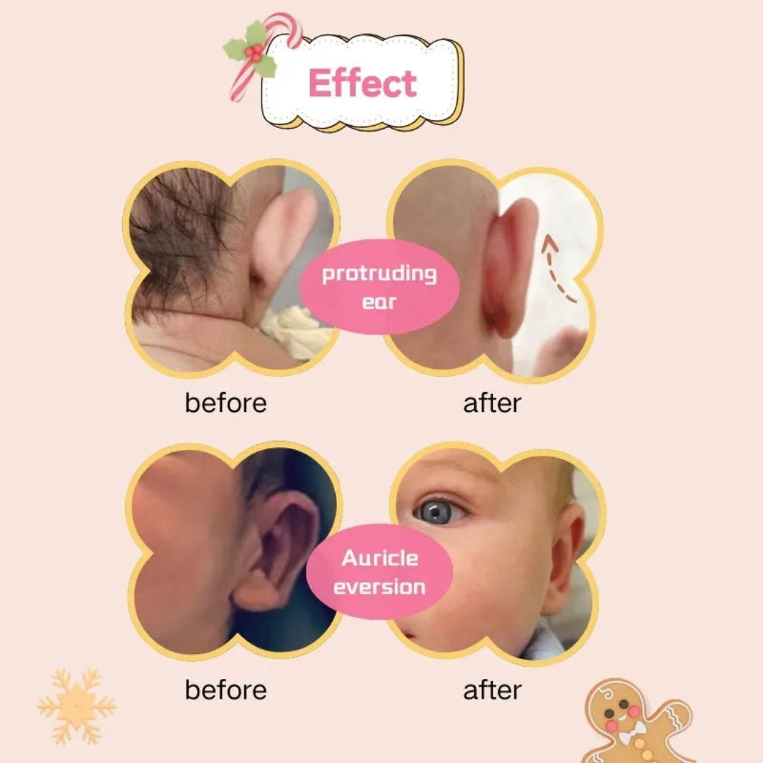 Before and after comparison of a child's ear with text labels on a pink background.