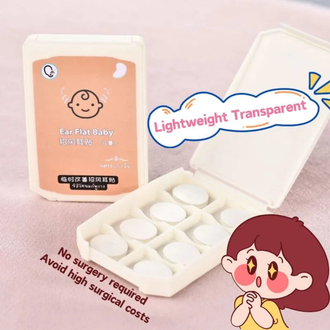 Box of 'Ear Flat Baby' ear wax removal products with cartoon character on a pink background