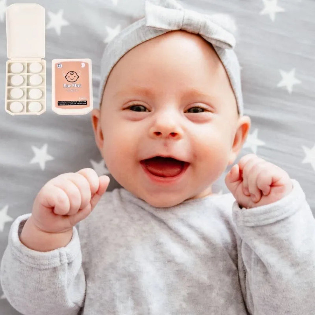 Baby wearing a white headband with a product inset on a star-patterned background