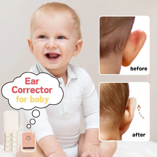 Baby with a thought bubble indicating 'Ear Corrector for baby' and before-and-after images of an ear correction product.