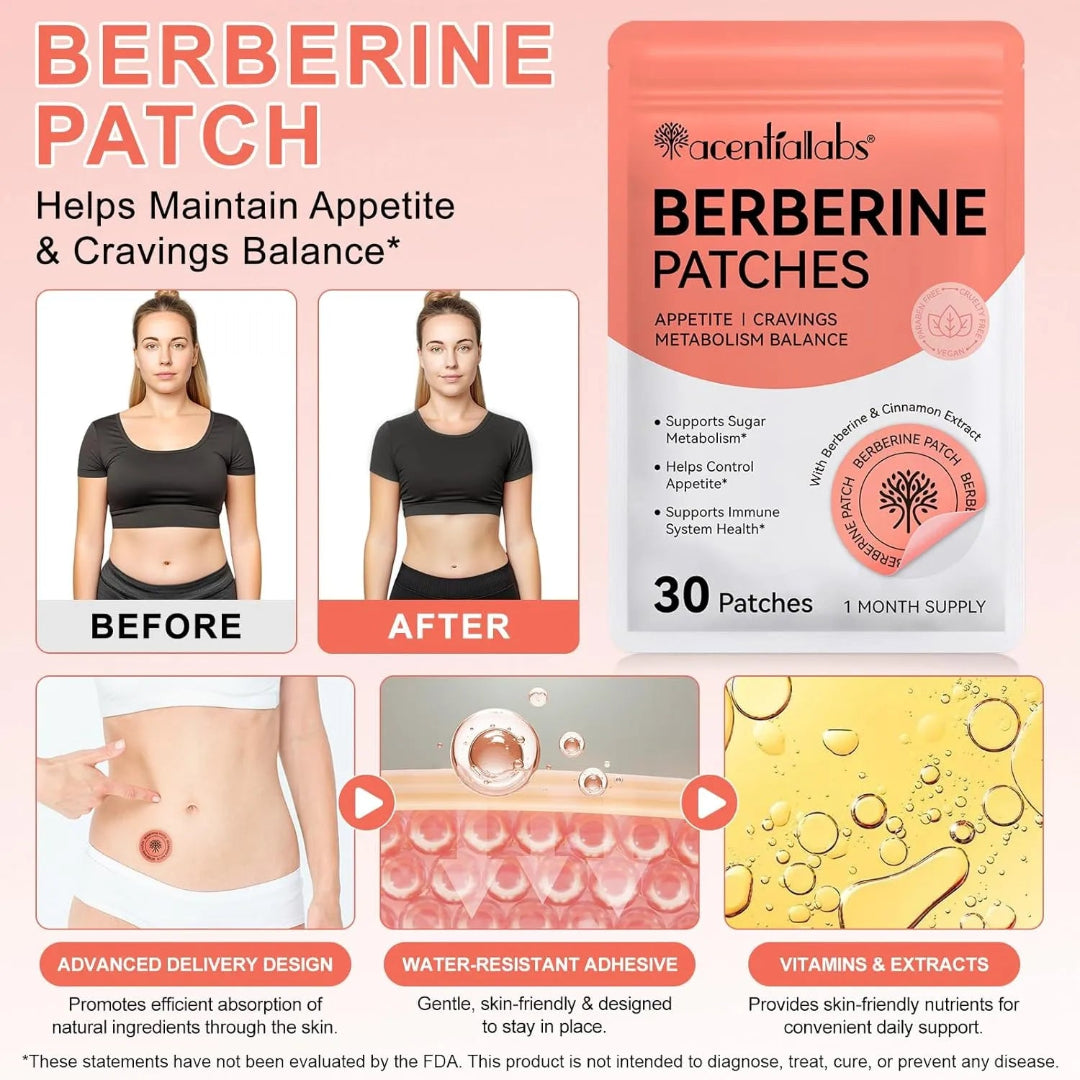 Berberine patches packaging with before and after effects on a woman's stomach, featuring Acenta Labs branding.