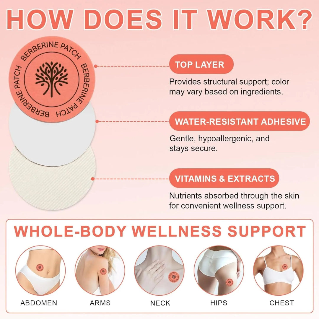Berberine Patch diagram explaining how it works with text and illustrations on a pink background.