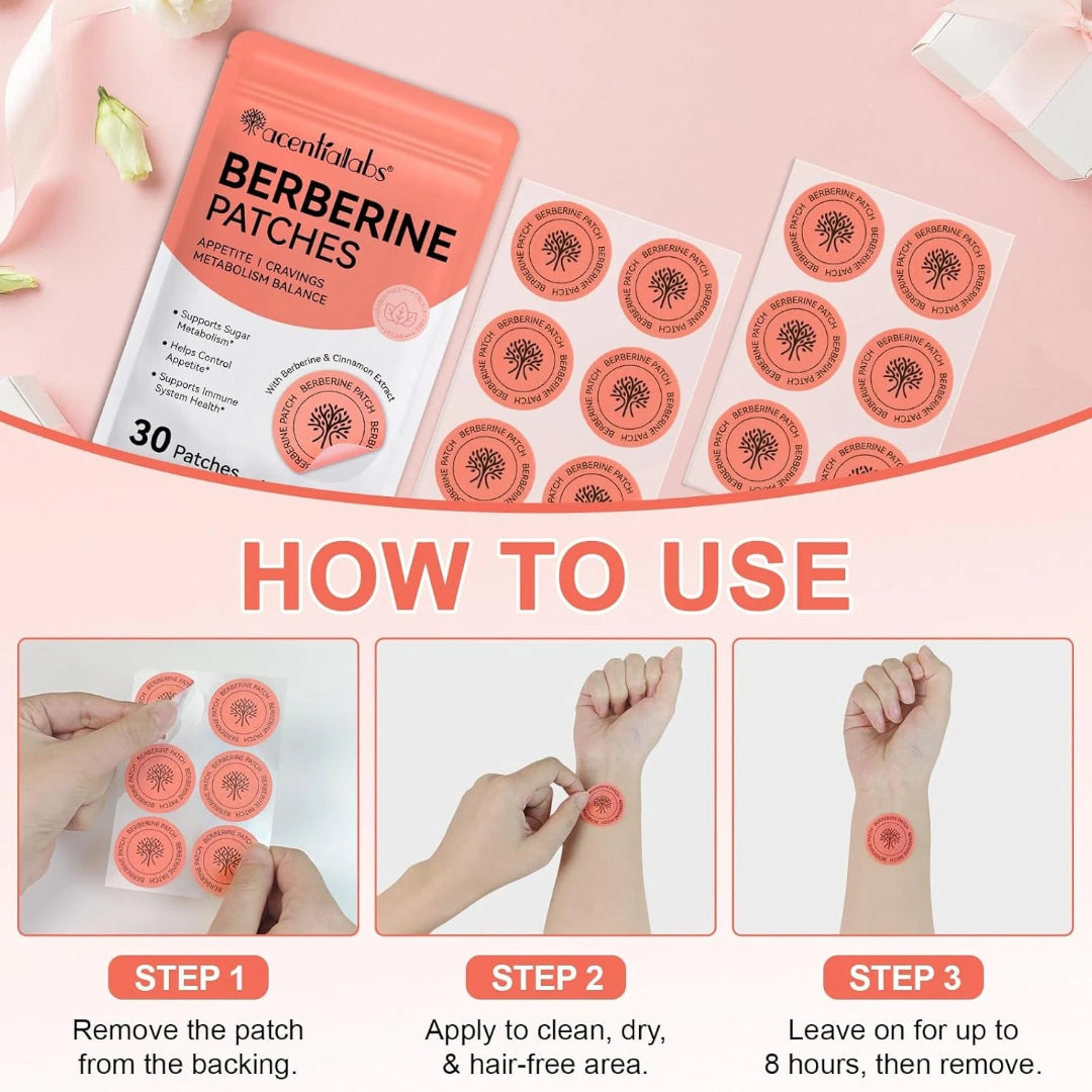 Acerfabs Berberine Patches packaging with usage instructions on a pink background