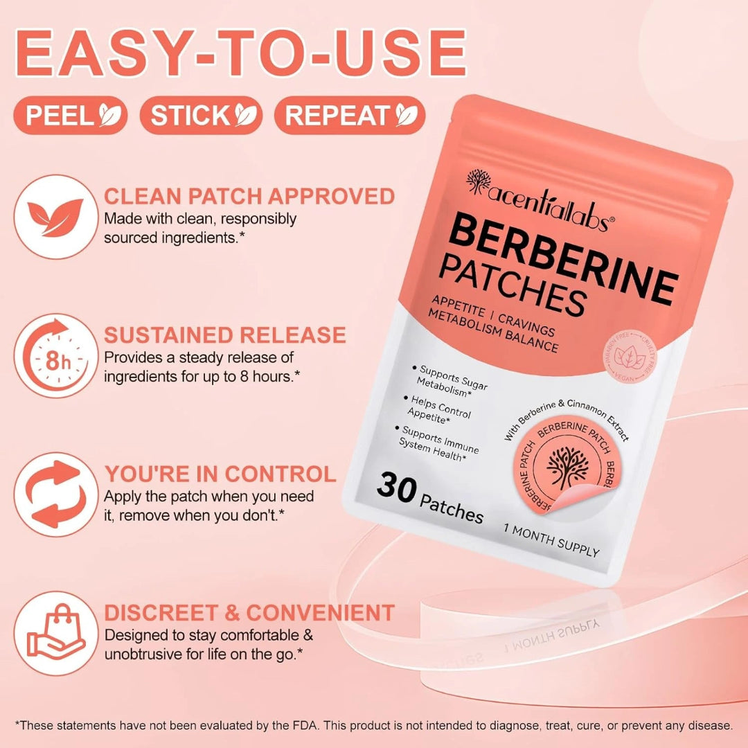 Acenthalabs Berberine Patches packaging with features listed on a pink background