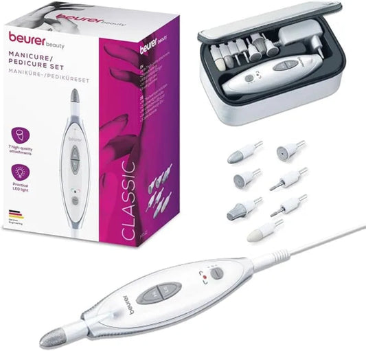 Beurer manicure/pedicure set with packaging, tool, and attachments on a white background