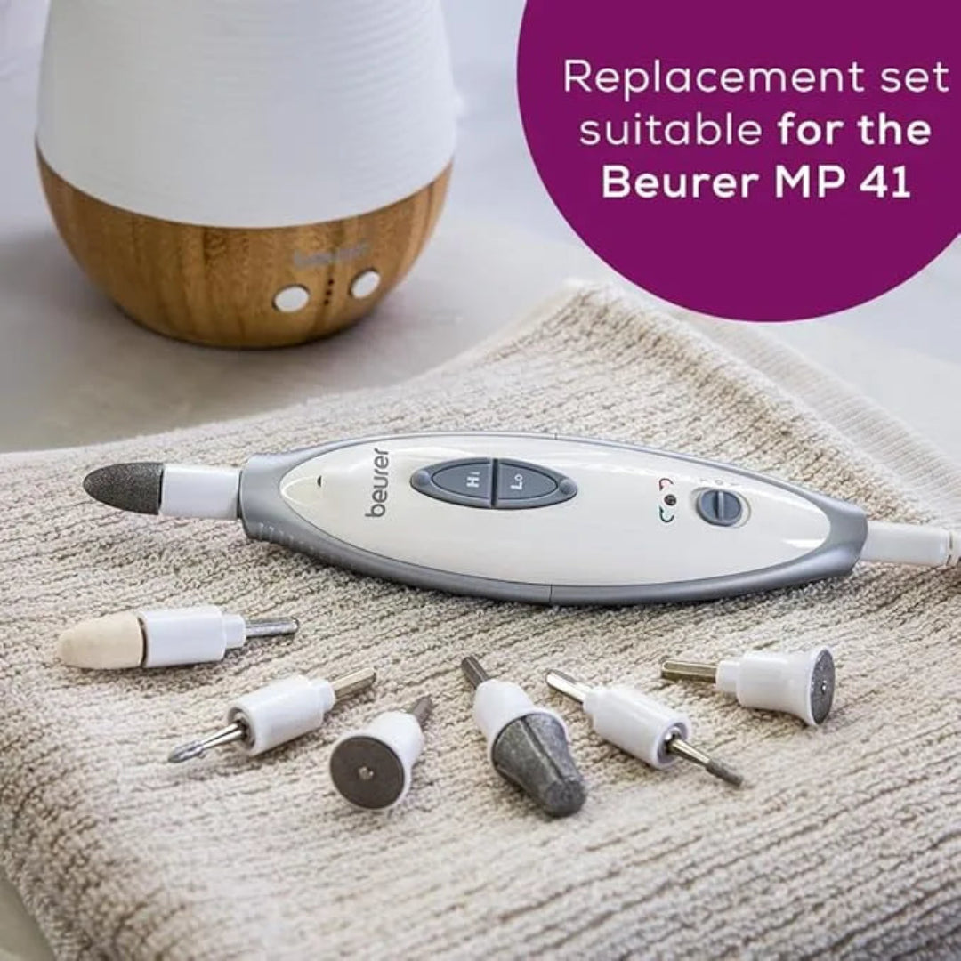 Replacement set for Beurer MP 41 device on a textured surface with a purple label.