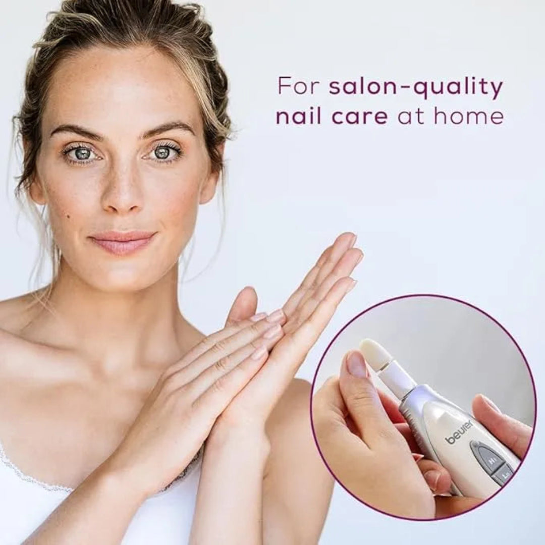 Woman with hands near face, holding a nail care device with text 'For salon-quality nail care at home'.