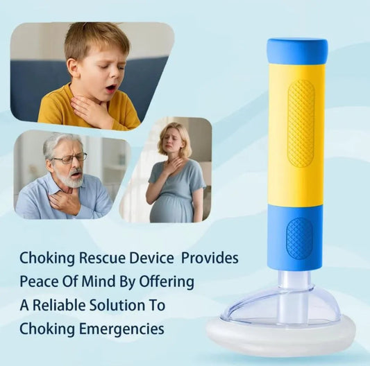 Choking rescue device with images of people choking and text about its use.