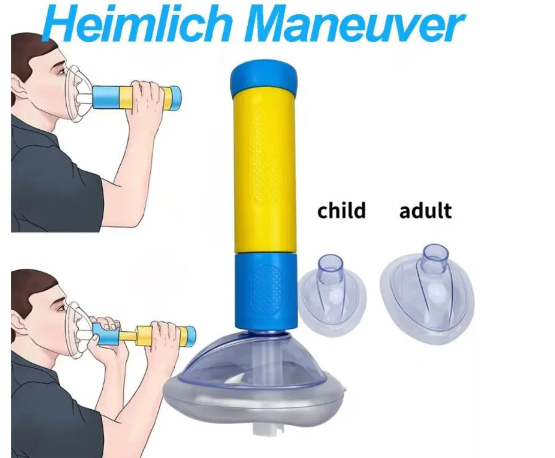 Heimlich Maneuver device for child and adult with illustrations of usage.