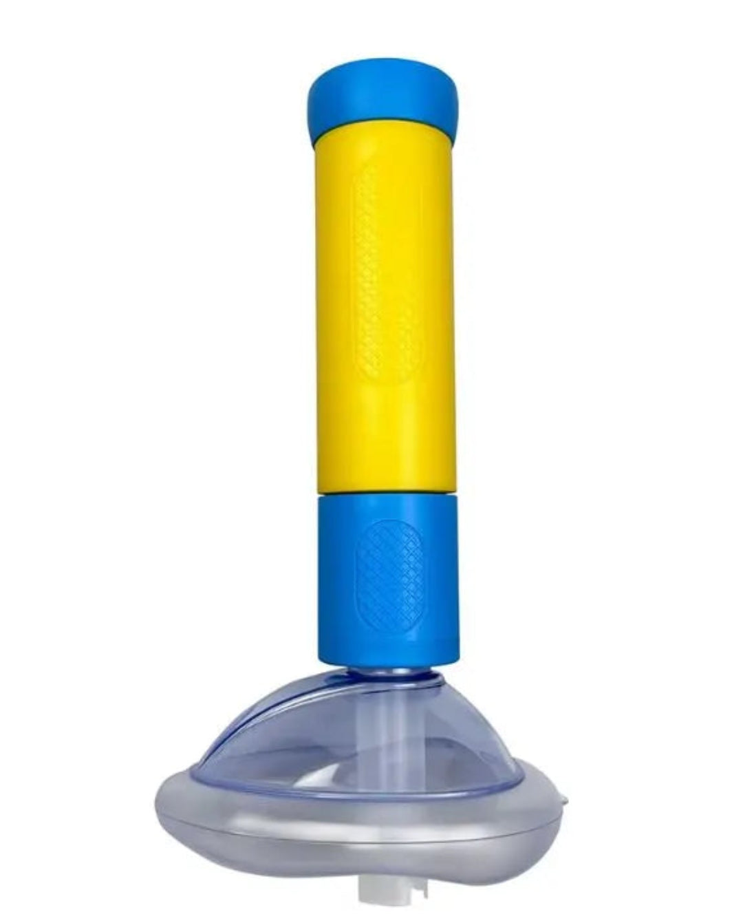 Yellow and blue pool cleaning tool on a white background