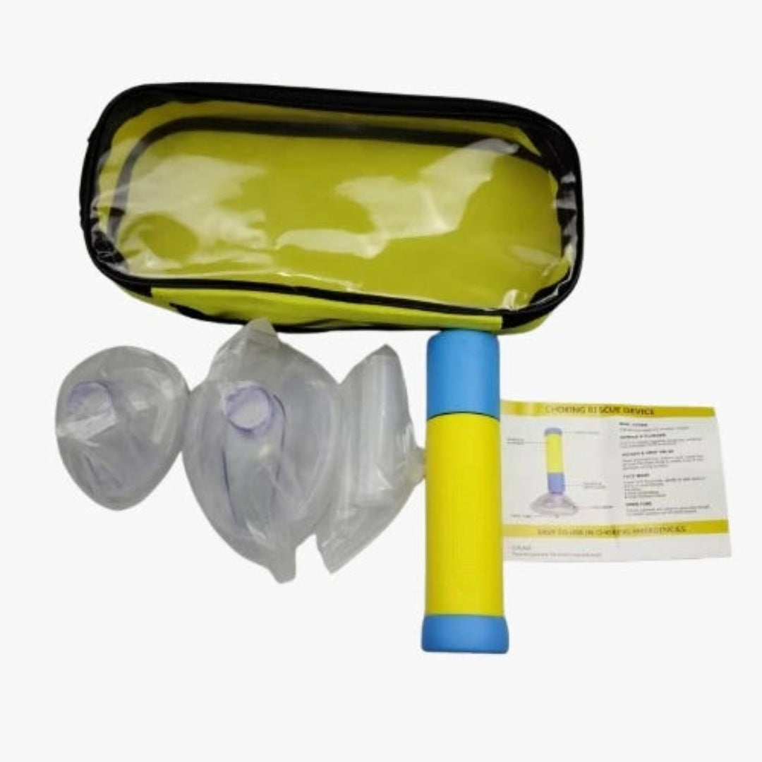 Medical oxygen mask set with yellow case, masks, and instructions on a white background
