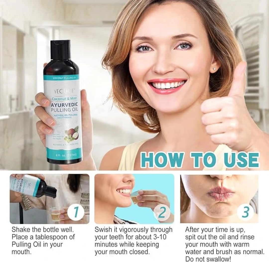 Woman holding a bottle of Ayurvedic Pulling Oil with instructions on how to use it.