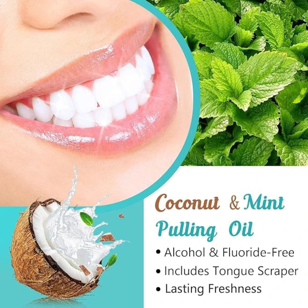 Teeth whitening product with coconut, mint leaves, and a close-up of teeth.