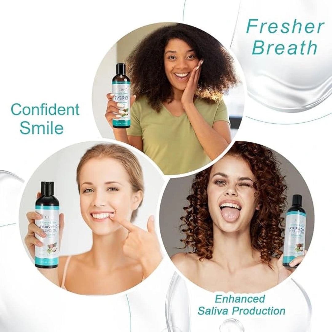 Three women with different hairstyles holding a bottle of saliva product, with text indicating benefits like 'Fresher Breath', 'Confident Smile', and 'Enhanced Saliva Production'.