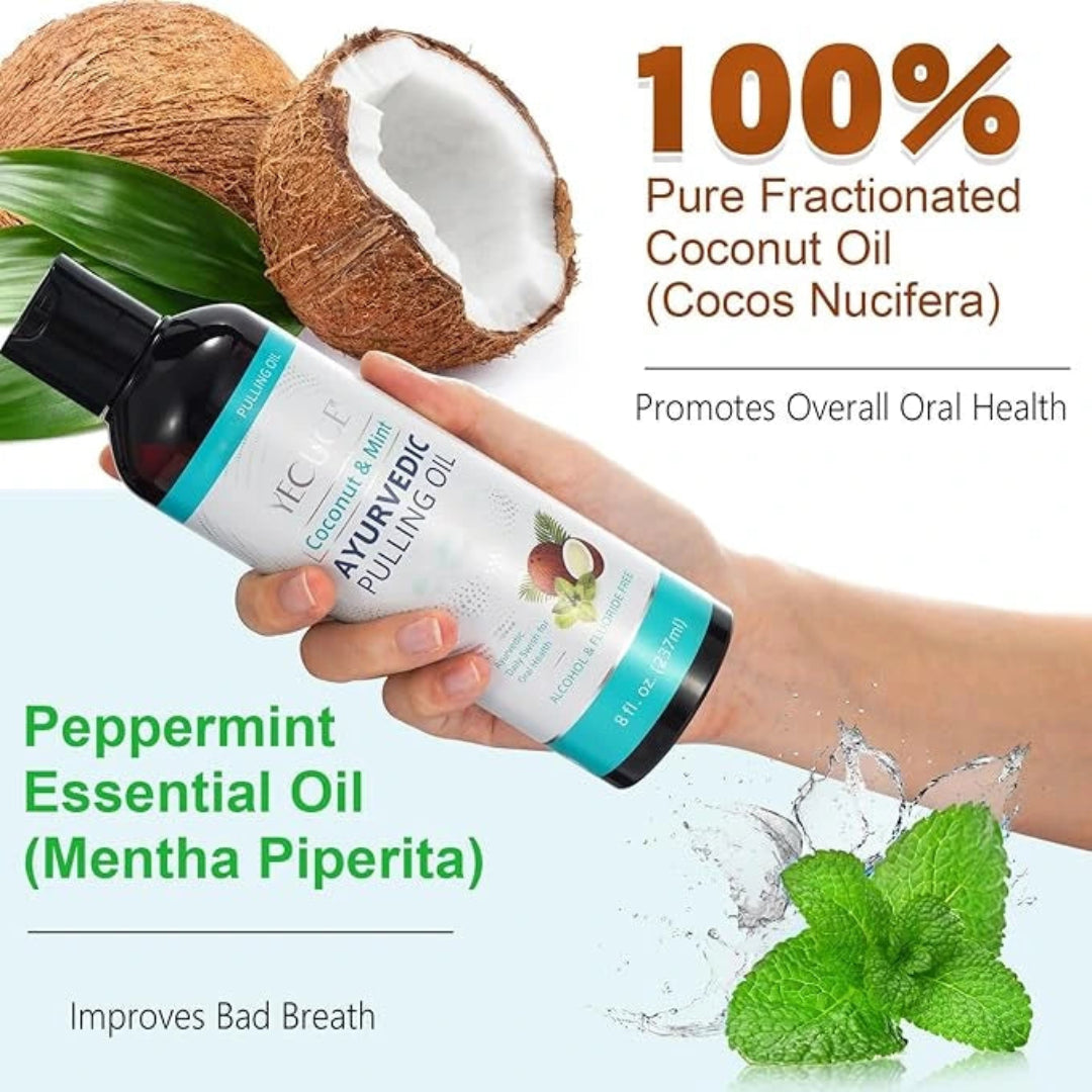 Ayurvedic pulling gel with coconut and mint elements on a white background