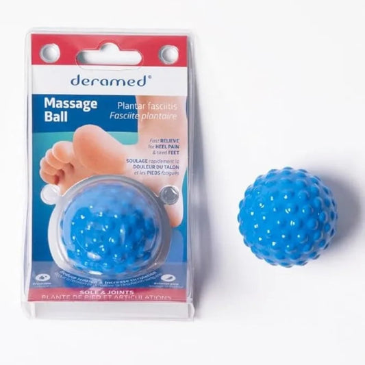 Blue massage ball with packaging labeled 'deramed' on a white background