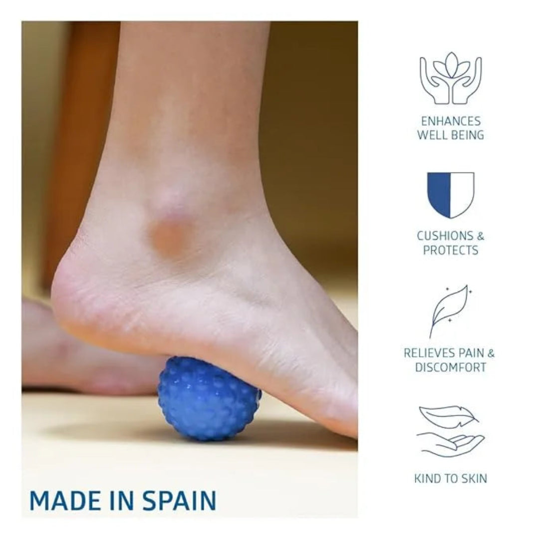 Blue massage ball being used on a foot with product benefits listed on the right.
