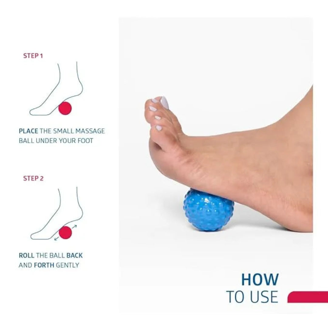 Blue massage ball being used on a foot with instructions on how to use it.