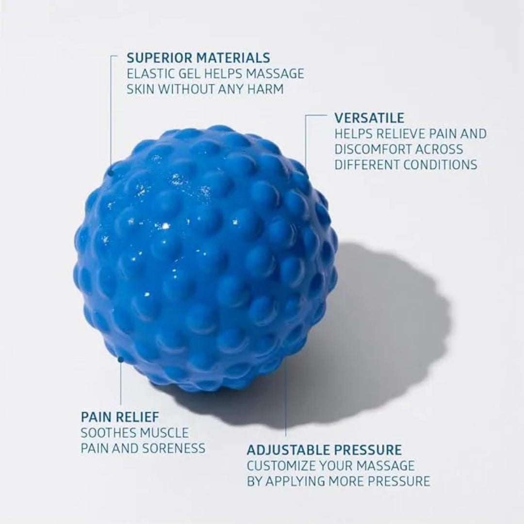 Blue massage ball with text highlighting its features on a light gray background
