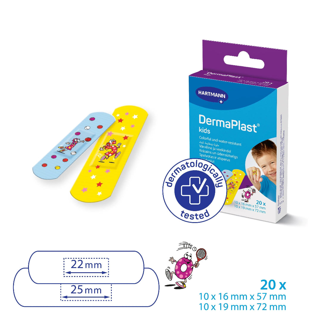 Hartmann DermaPlast kids bandages with packaging on a white background