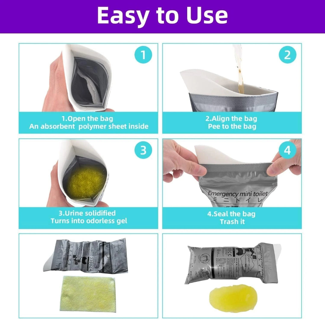 Step-by-step guide on using an emergency mini toilet system with images and text.