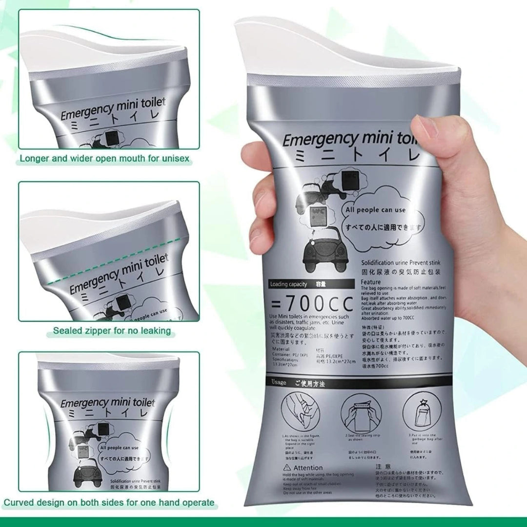 Emergency mini toilet package held by a hand with product details on a light green background
