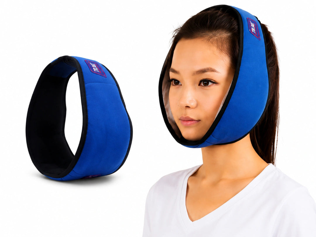A blue and black neck wrap headband shown both as a standalone product on the left and being worn by a model on the right, against a plain white background.