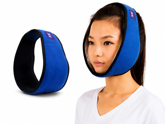 A blue and black neck wrap headband shown both as a standalone product on the left and being worn by a model on the right, against a plain white background.
