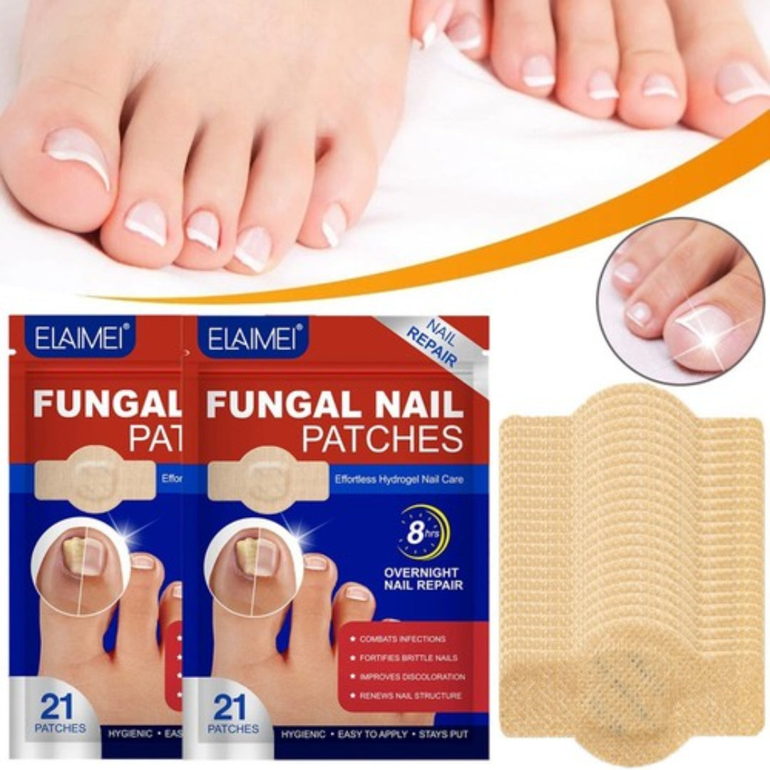 Elaimi Fungal Nail Patches packaging with a close-up of toes and a patch.