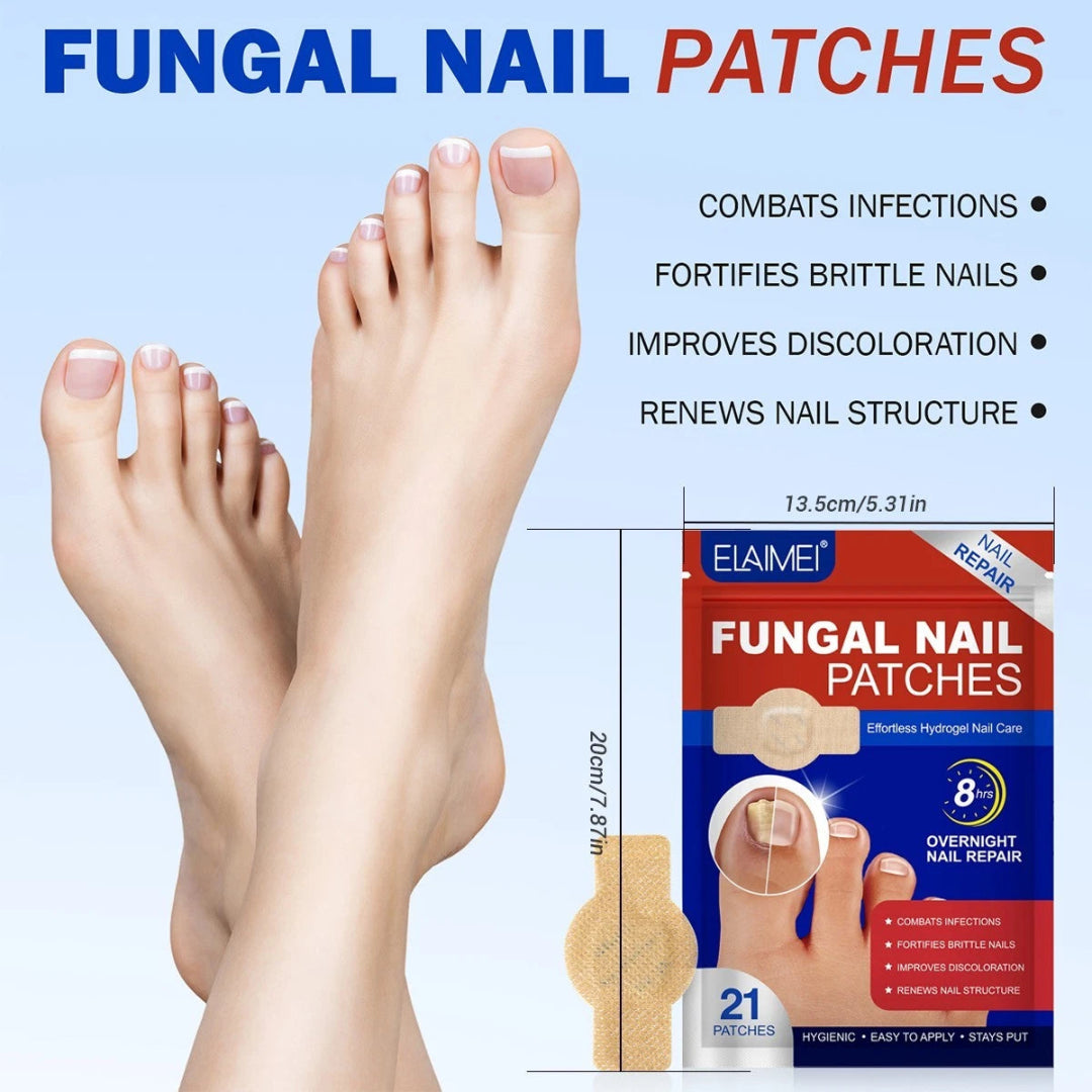 Fungal nail patches packaging with a foot and product details on a light blue background