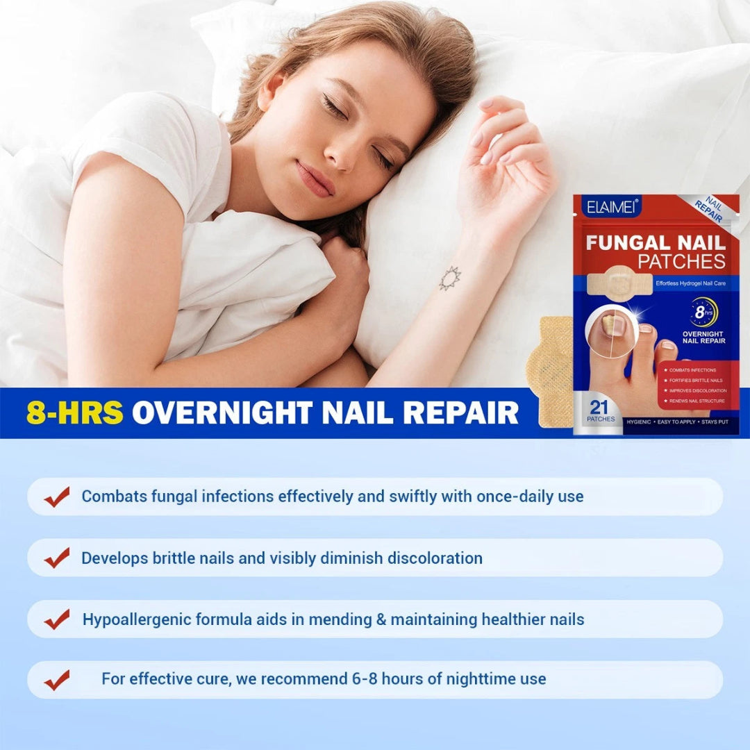 Woman lying in bed with a box of fungal nail patches and product description text.