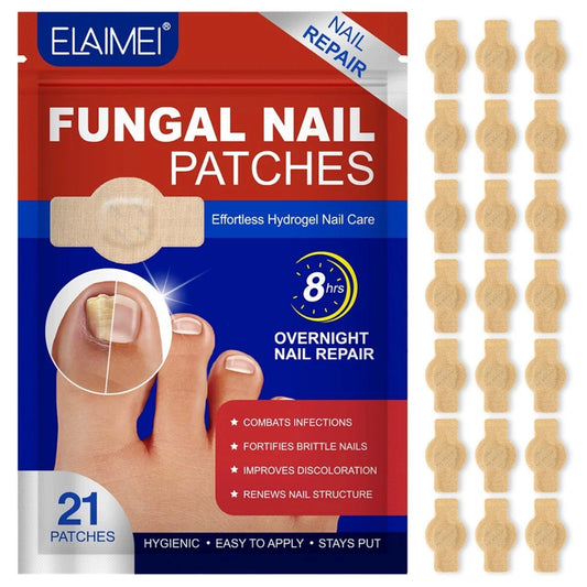 Elaimei fungal nail patches packaging with patches displayed on a white background