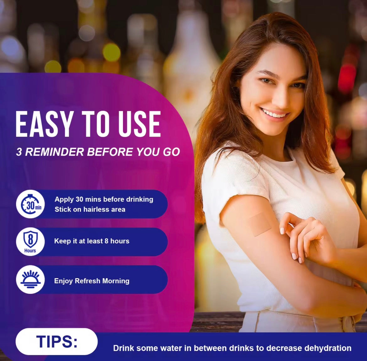 A promotional graphic for a hairless drinking stick product. The left side has a large purple and blue text panel reading 'EASY TO USE' and '3 REMINDER BEFORE YOU GO' with usage tips.