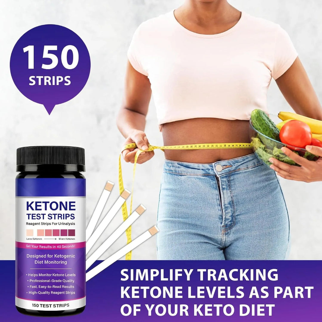 Ketone test strips with a person holding vegetables and a measuring tape, on a light background.