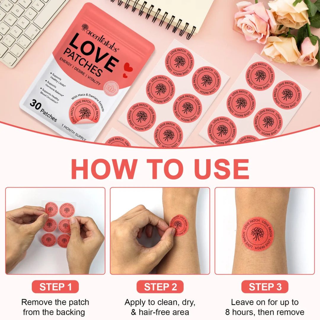 Product packaging of 'Love Patches' with usage instructions on a pink surface.
