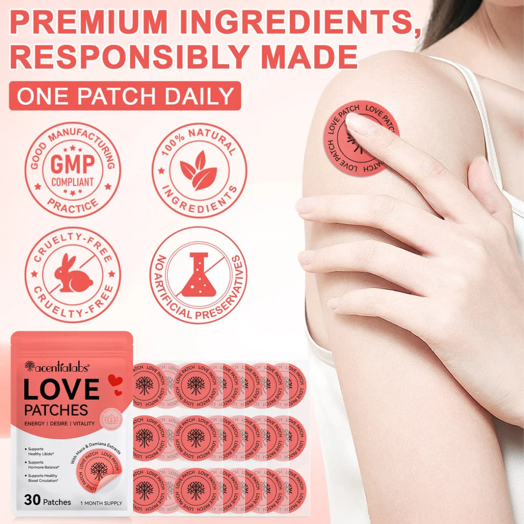 Love Patches daily pain relief patches shown applied to a woman's shoulder, with the product packaging, a pack of 30 patches, and several circular patches displayed on a clean light pink background with promotional text and certification icons.