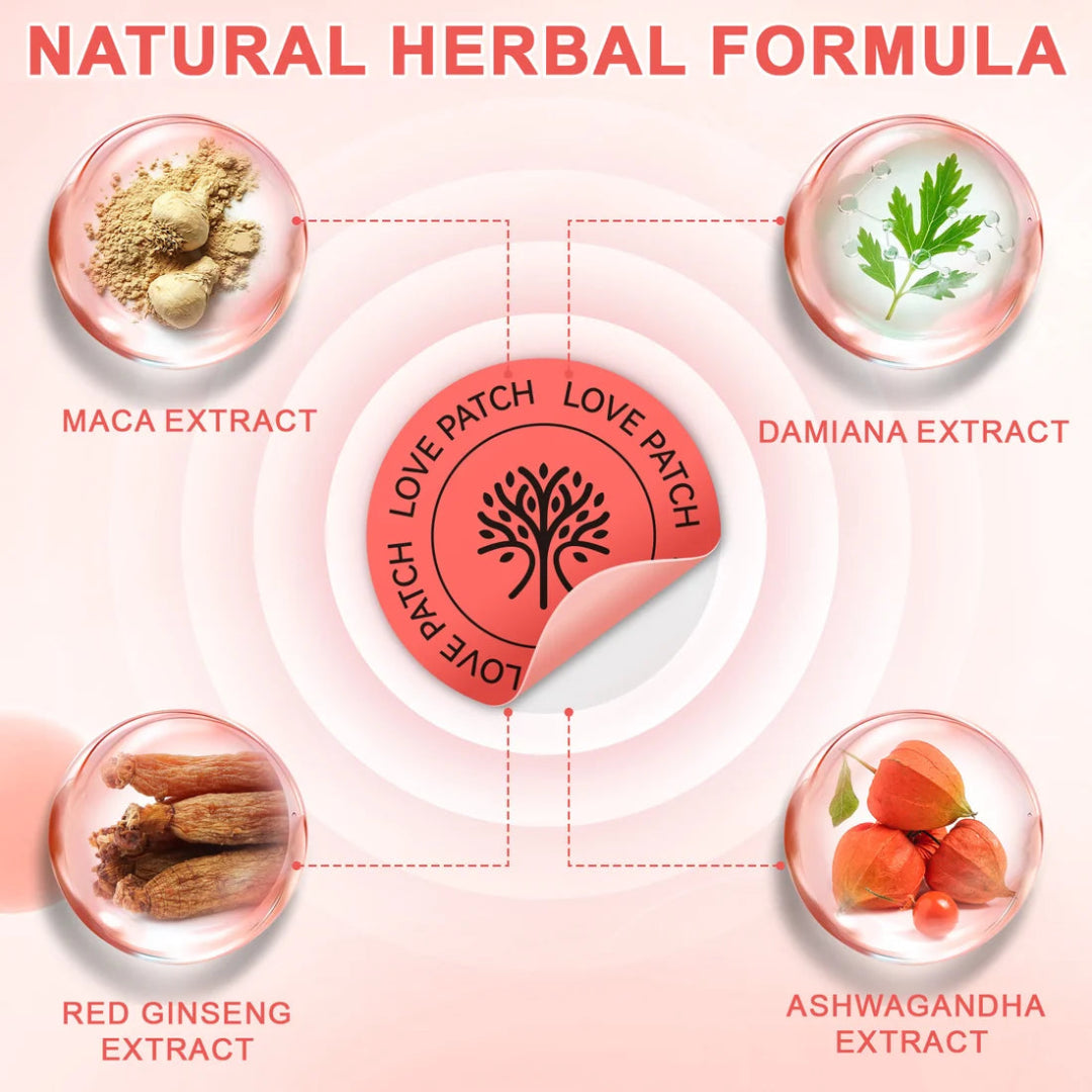 Love Patch natural herbal formula with maca, damiana, red ginseng, and ashwagandha extracts on a pink background.
