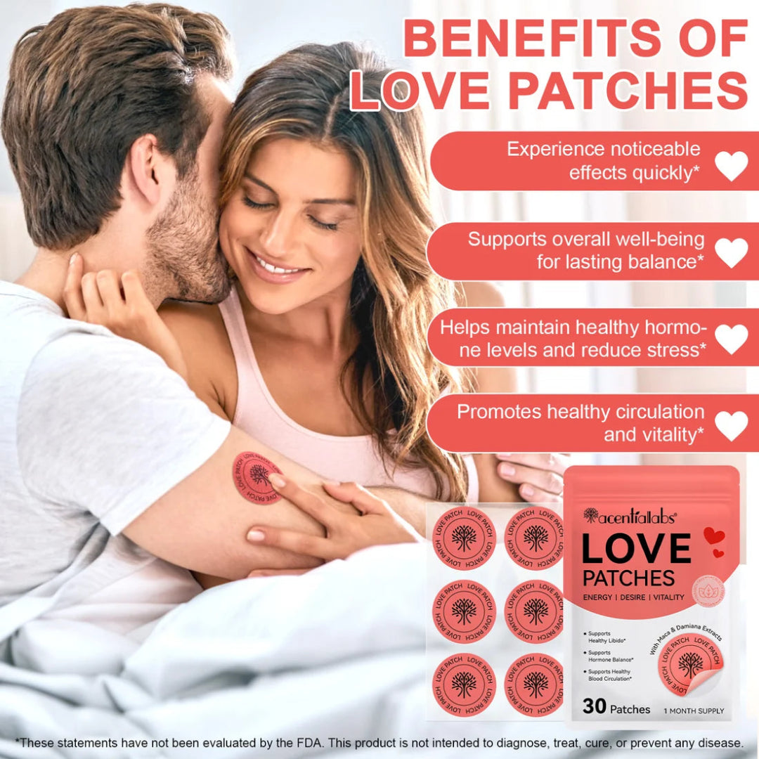 Advertisement for love patches with a couple embracing and text listing benefits.